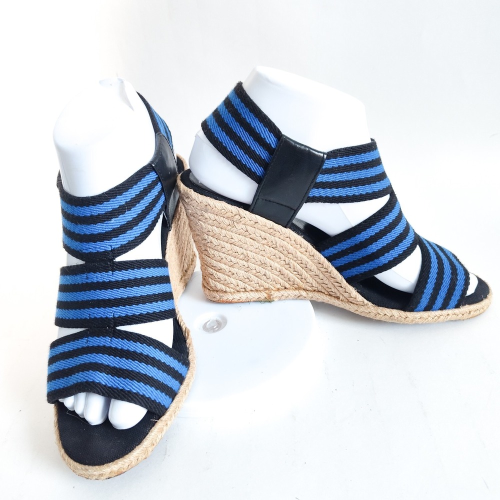 Tahari Sandals Size 7.5 Espadrille Platform Wedges Ankle Strap Blue Black Stripe